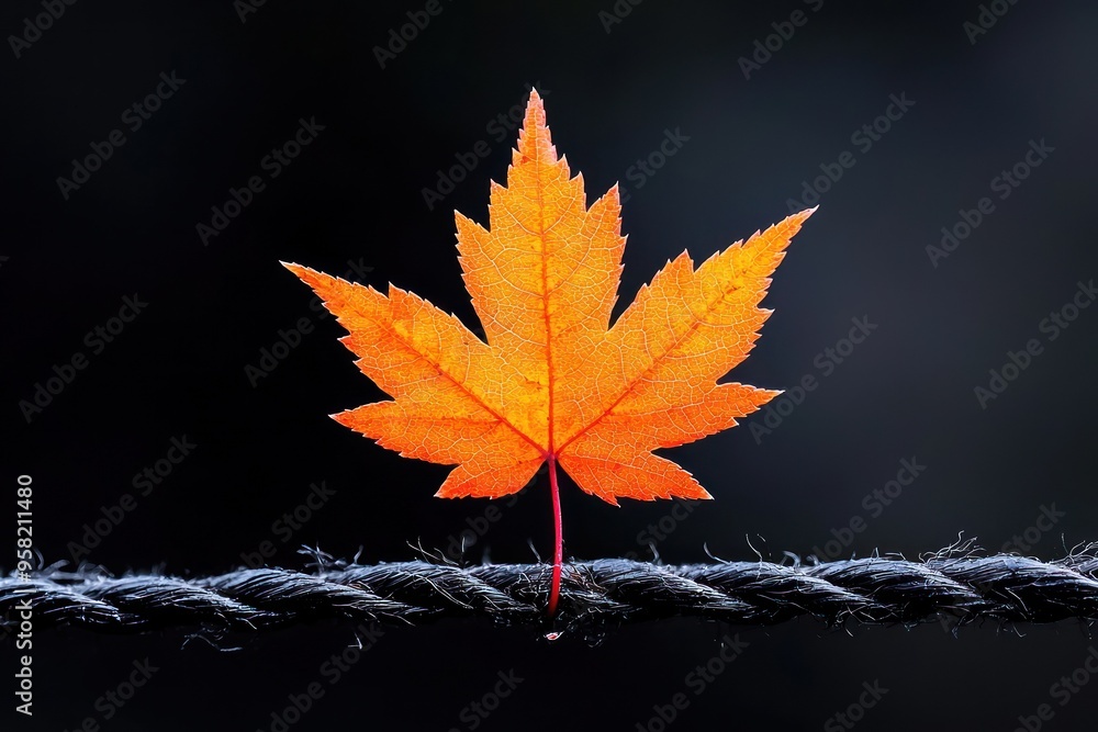 Canvas Prints bright orange maple leaf on rope close-up macro.