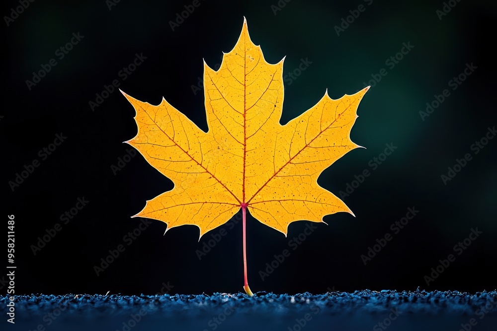 Wall mural yellow maple leaf standing upright on textured surface