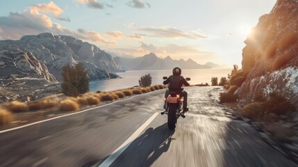 Fototapeta premium A man is riding a motorcycle on a road with mountains in the background
