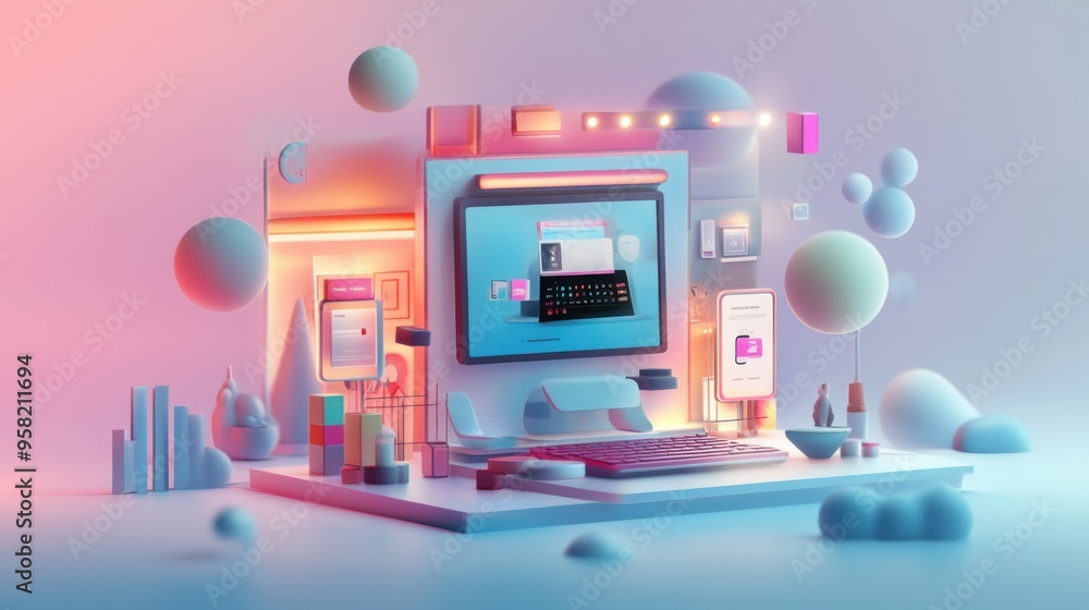 Poster abstract 3d render of a futuristic desktop computer setup