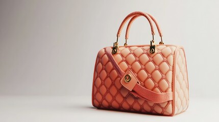 Pink quilted handbag with gold accents and a shoulder strap