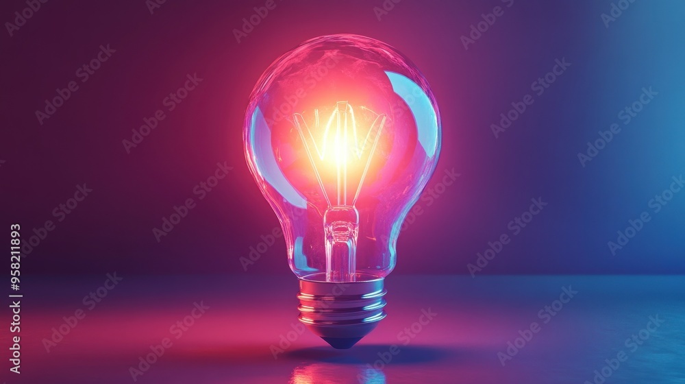 Poster glowing light bulb with red and blue gradient background