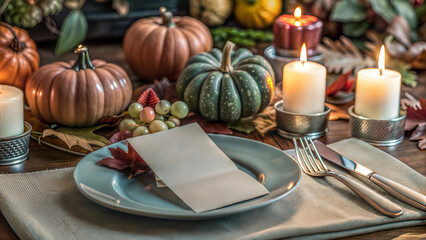 Naklejka premium Blank Card on Elegant Dinner Plate with Pumpkins and Candles for Thanksgiving or Fall Dinner Invitation