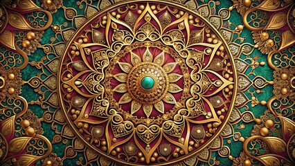 intricate ornate swirling mandala illustration on rich jewel-toned background with metallic gold accents and delicate patterns