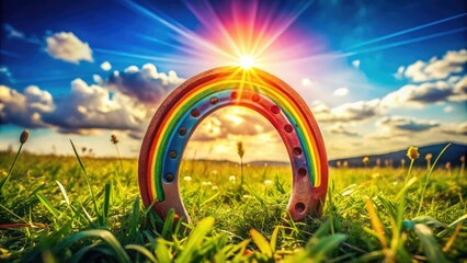 vivid horseshoe rainbow colors bright sunny day whimsical playful atmosphere joyful childhood wonder photography