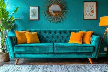 Teal Velvet Sofa with Yellow Pillows in a Modern Living Room