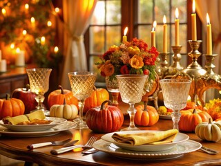 Classic traditional Thanksgiving holiday dinner table set festive fall decor fine china crystal glassware formal elegant sophisticated atmosphere refined luxury warm festive ambiance