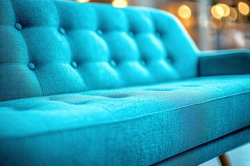 Obraz premium Close-up of a Blue Upholstered Sofa with Button Tufting