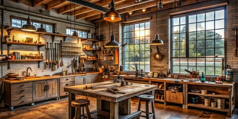 urbane modern workshop mixed metallic textures reclaimed wood background vintage tools warm natural light sophisticated modern craftsman