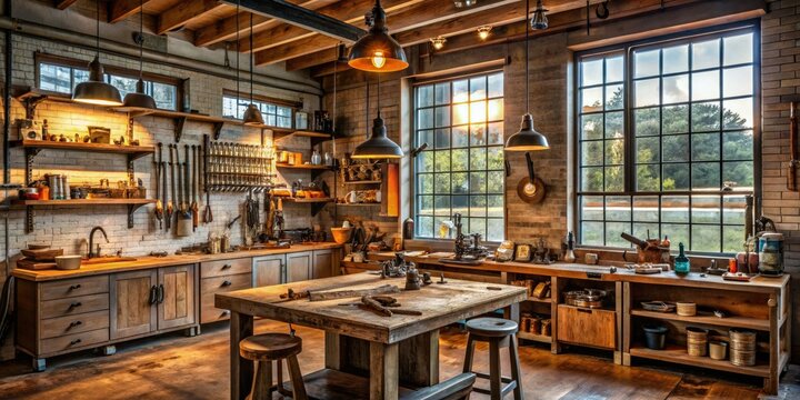 urbane modern workshop mixed metallic textures reclaimed wood background vintage tools warm natural light sophisticated modern craftsman