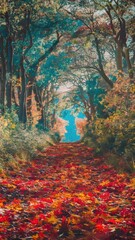 Fototapeta premium A forest pathway covered in vibrant leaves, lined with tall trees, sunlight filters through canopy, casting dappled light on ground.jpeg
