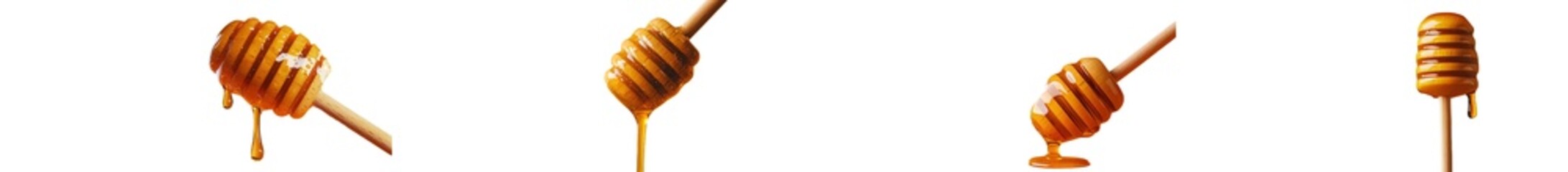 Over yellow background, honey drips from wooden honey dipper. Sweet bee product for your design.