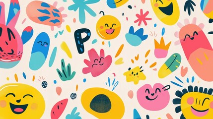A playful abstract pattern featuring smiling faces and colorful shapes in bold shades of yellow, pink, and blue, evoking a cheerful and fun mood.