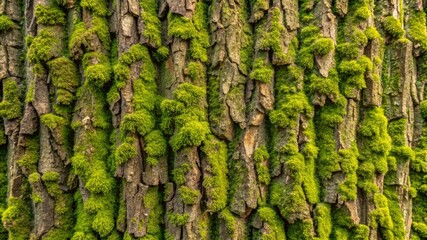 Close-up view of textured tree bark covered with green moss