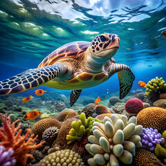 Obraz premium close up turtle swimming under a sea full of coral