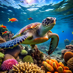 close up turtle swimming under a sea full of coral