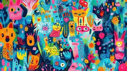 A whimsical and vibrant pattern featuring playful animals and flowers in bright colors, set against a lively and colorful background.