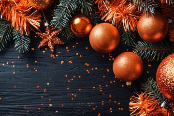Orange and Copper Christmas Ornaments on Rustic Black Wood Background with Sparkly Confetti