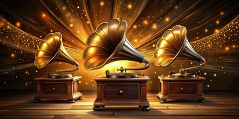 dramatic vector sound bars bursting forth from antique gramophone in rich wood tones and warm golden lighting with intricate details