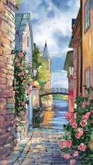 Fototapeta premium A Spring scene in Visby, on island of Gotland, with medieval stone walls, blooming roses and narrow cobblestone streets.jpeg