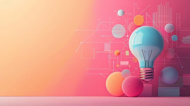 Creative light bulb on a pink abstract background with geometric shapes, representing ideas and innovation.