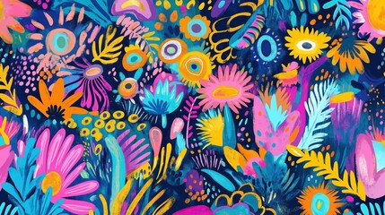 A vibrant botanical pattern with neon-colored flowers and leaves, creating an energetic and lively composition on a dark background.