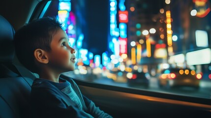 Naklejka premium A young boy gazes in wonder at the vibrant city lights from the back seat of a car during a nighttime drive through a bustling urban area
