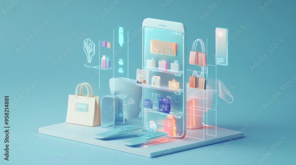 Poster 3d rendering of a smartphone with digital shopping bags