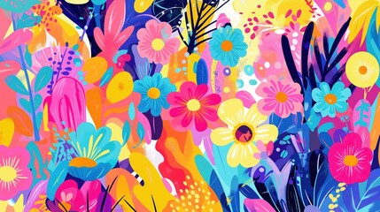 A vibrant abstract floral composition featuring bright flowers and foliage in a bold mix of colors, creating a lively and dynamic artwork.