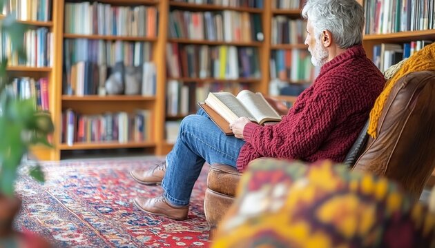 Senior Man Relaxing with a Book at Home, Enjoying Retirement and His Personal Library