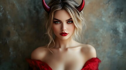 Naklejka premium Captivating Devil Woman in Red Halloween Costume with Horns Posing for Dramatic Portrait