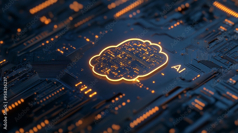 Poster ai cloud computing on motherboard, artificial intelligence and machine learning concept