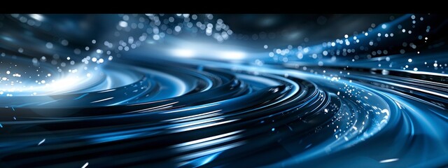 Futuristic swirling lines in shades of blue and silver in a dark digital space, featuring sleek and dynamic motion.