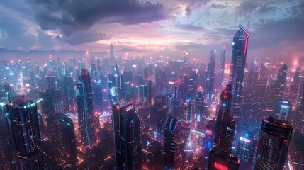 Fototapeta premium Futuristic cityscape with neon lights and high-tech architecture against a night sky.