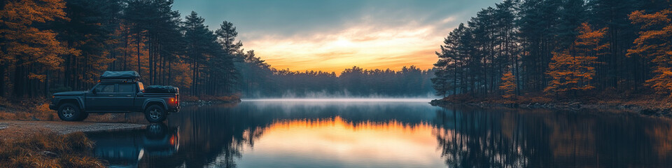 Fototapeta premium Off-road vehicle parked by misty lake in forest, during autumn sunrise, serene reflection, moody atmosphere, travel and adventure theme.