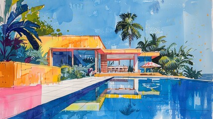 Urban gouache sketch of an Villa poolside. AI generated image