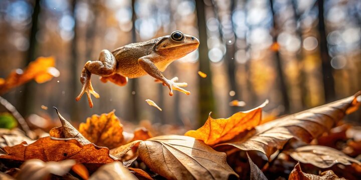 dramatic low-angle shot of spring peeper jumping from forest floor amidst scattering leaves and motion blur conveying sense of freedom and joy