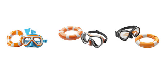 3D illustration of a life ring, scuba mask, and flippers on a white background,