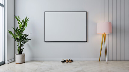 Blank 16:9 frame TV from feet level in a modern hallway, featuring a lamp and plant, one point perspective. 32k, full ultra HD, high resolution