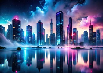 Obraz premium intense futuristic cityscape where neon-lit concrete skyscrapers pierce evening fog with spray-painted abstract murals reflections pool water minimalist