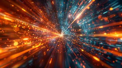 Glowing abstract light beams in a dark futuristic setting.