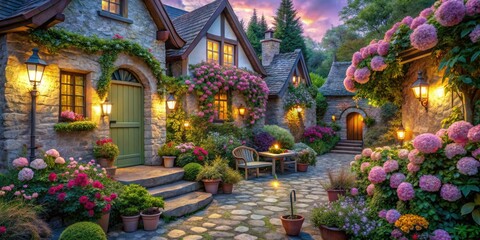 Obraz premium Whimsical fairy tale cottages with twinkling lanterns and lush floral arrangements spilling onto charming stone patios in soft pastels.