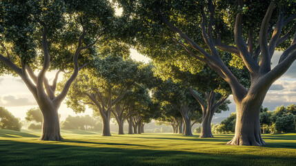 Asian landscape, tall ancient trees, broad canopies, clear blue sky, soft white clouds, no orange sunlight, neutral daylight, peaceful, harmonious, serene, nature, open land, no buildings