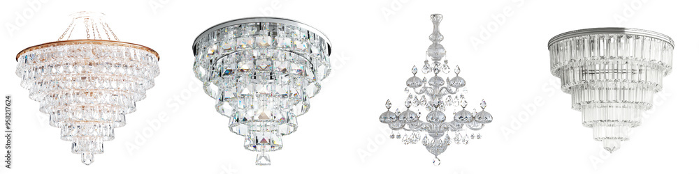Poster crystal chandelier front view, full length, isolated on transparent background