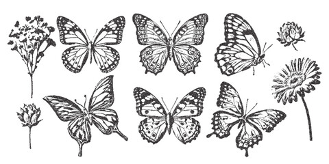 Vector butterfly trendy retro photocopy effect. Modern stipple dots texture for design art. y2k collage set.