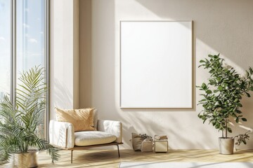 Poster Frame in Beige minimalist living room interior created with generative AI