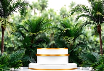 Obraz premium White cylindrical podium with a golden circular frame, surrounded by lush green palm leaves against a dark green background.