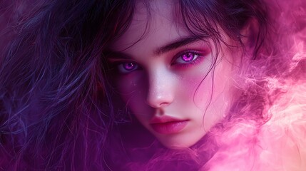 Mesmerizing portrait of a woman with piercing violet eyes, surrounded by ethereal pink and purple mist for a surreal, dreamlike effect.