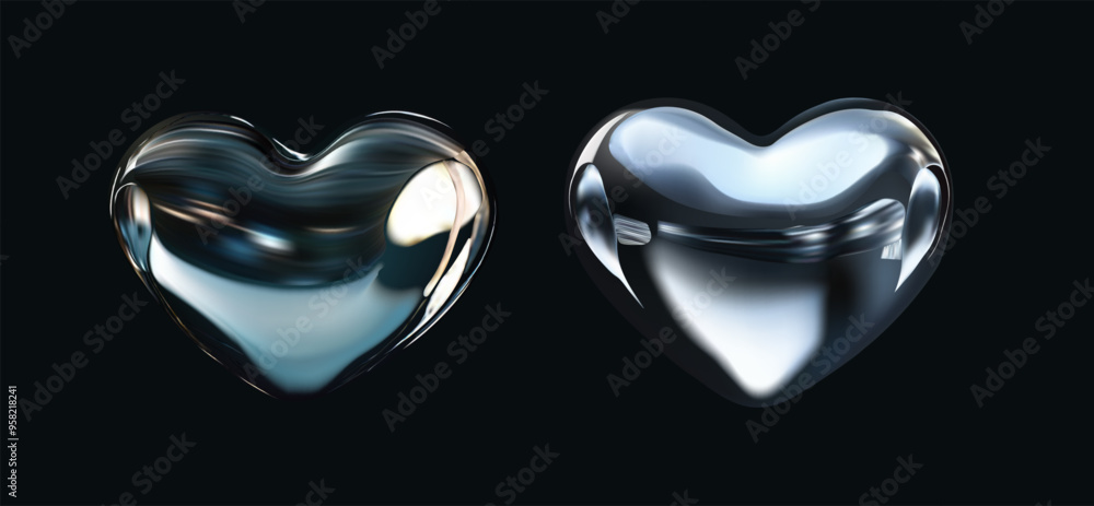 Poster 3D VECTOR illustrations of glossy metallic hearts with reflective surfaces, perfect for modern and futuristic designs. Isolated abstract element in y2k style.