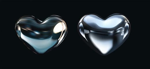 3D VECTOR illustrations of glossy metallic hearts with reflective surfaces, perfect for modern and futuristic designs. Isolated abstract element in y2k style.